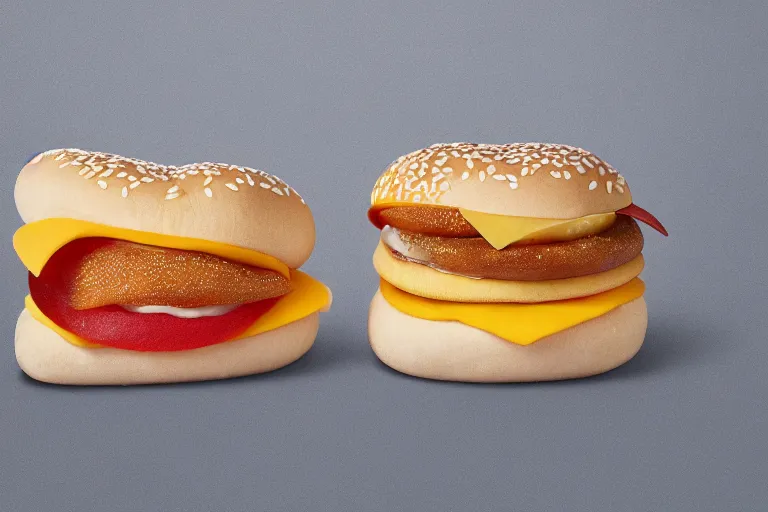 Image similar to mcdonalds fifty cheese slices between two sesame seed buns, commercial photograph