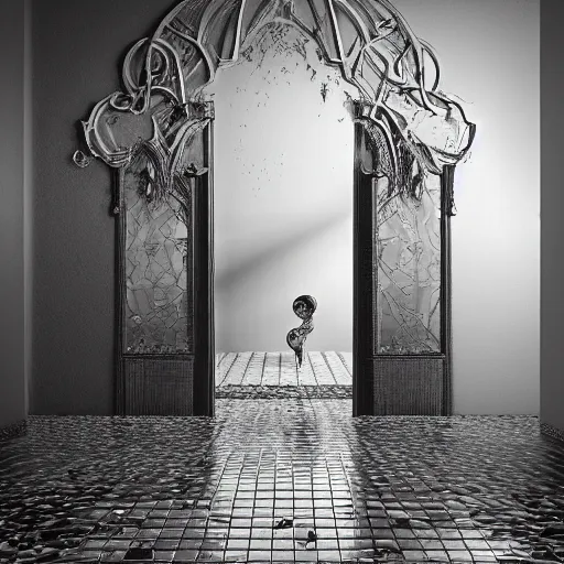 Image similar to hyperrealistic random objects in a surreal dreamscape environment by salvador dali, highly detailed, 3 d render, vray, octane, realistic lighting, photorealistic, colorful, intricate, elegant, wayne barlowe, water, mirrors, doorway, beautiful, masterpiece, trending on artstation, artgerm, black and white checkered floor