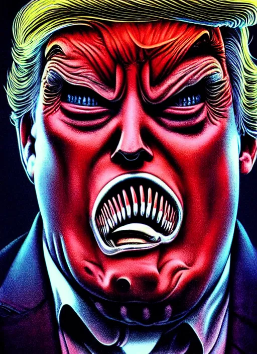 Image similar to donald trump's disgusting true form burstin from within, horror, high details, intricate details, by vincent di fate, artgerm julie bell beeple, 1 9 8 0 s, inking, vintage 8 0 s print, screen print