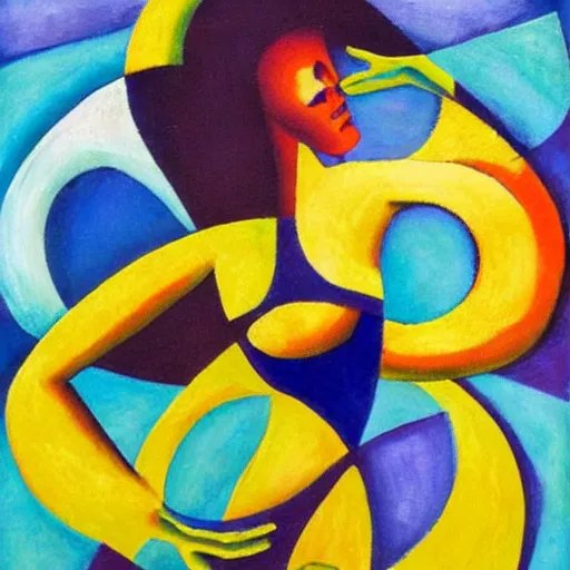 Prompt: woman dancing with a triquetra by the ocean while the waves crash on the seashore, high quality art in the style of cubism and geogia o keefe