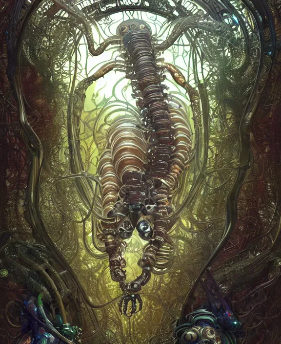 Image similar to intricate ornate opulent transparent clear see - through portrait of a terrifying male alien centipede robot, mottled coloring, adorable, childlike, overgrown biopunk jungle environment, ultra realistic, concept art, art nouveau, photorealistic, octane render, 8 k, unreal engine. art by christopher marley and artgerm and greg rutkowski and alphonse mucha