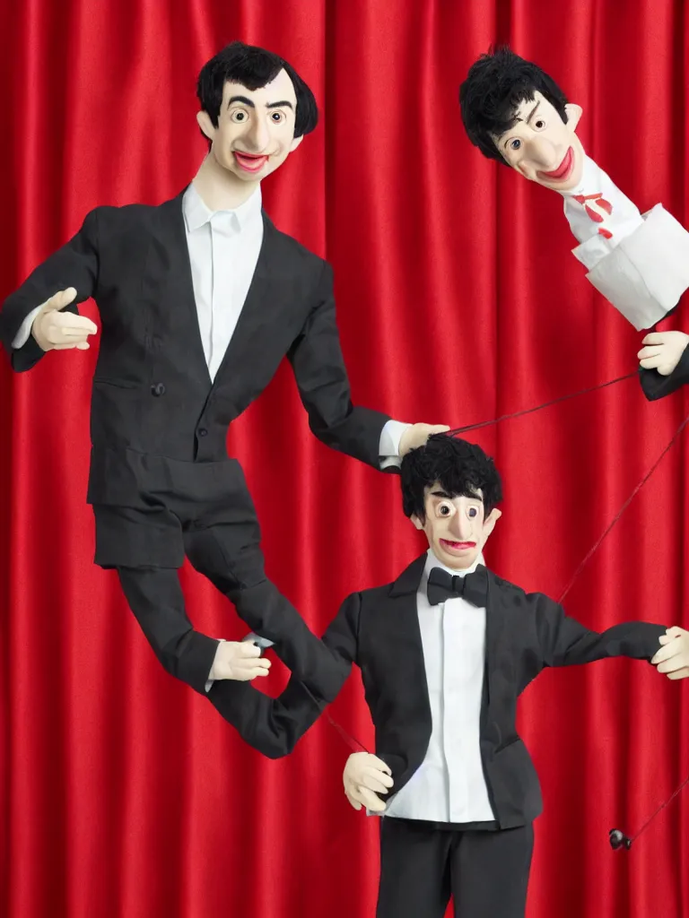 Image similar to close up photograph of nathan fielder from nathan for you behind a puppet stage with a red curtain controlling a single marionette by the strings, high detail, 8 k, photorealism, sharp focus, volumetric lighting