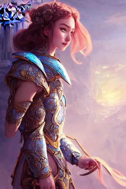 Image similar to portrait young knights of Zodiac girl, rose golden and ice blue armor, in ruined Agora of Athens Sunrise, ssci-fi and fantasy, intricate and very beautiful and elegant, highly detailed, digital painting, artstation, concept art, smooth and sharp focus, illustration, art by tian zi and WLOP and alphonse mucha