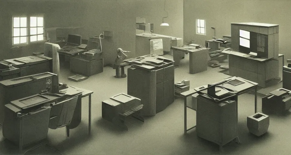 Image similar to IKEA catalogue photo of an office with robots, sand and old computers by Beksinski