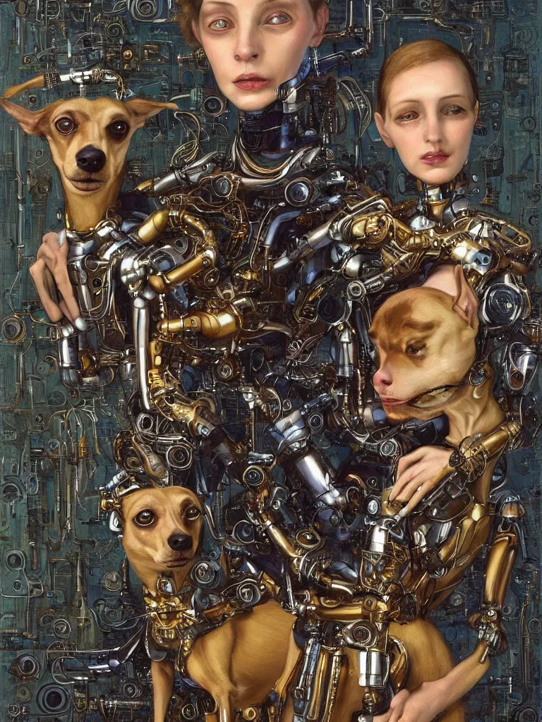 Image similar to portrait of a beautiful female android robot holding a whippet dog in her arms. Biopunk, steampunk, mecha, sighthounds, painting by James C. Christensen