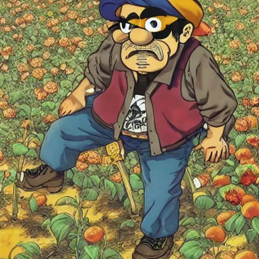 Prompt: Wario tending to his crops with a pack animal || VERY VERY ANIME!!!, fine-face, realistic shaded perfect face, fine details. Anime. realistic shaded lighting poster by katsuhiro otomo, ghost-in-the-shell, ayami kojima