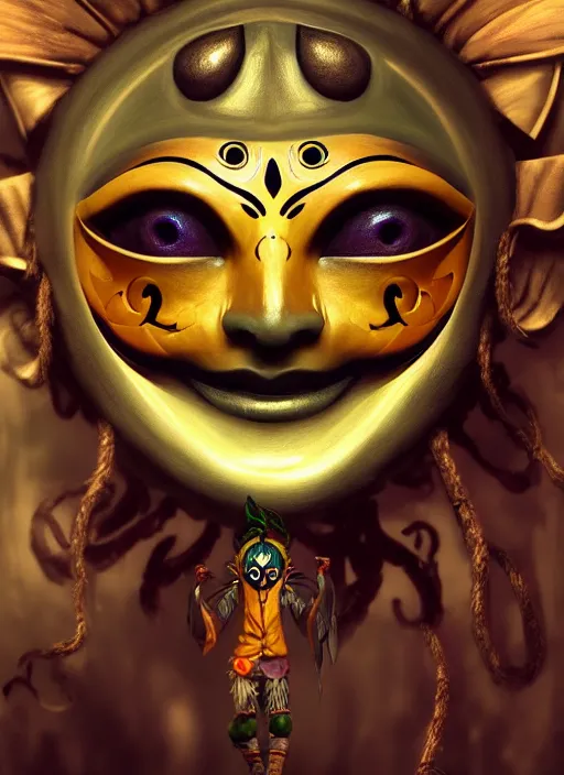 Image similar to happy mask salesman with majora's mask, fantasy, intricate, elegant, highly detailed, digital painting, artstation, concept art, wallpaper, smooth, sharp focus, illustration, art by wlop