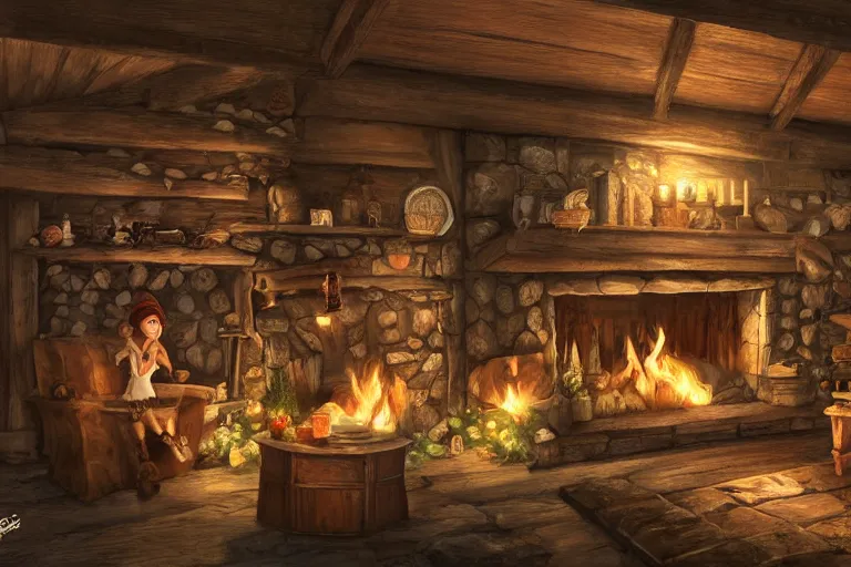 Image similar to wooden cottage, living room, elves sitting on the couch, traditional fireplace, concept art