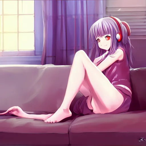 Prompt: anime beautiful girl sits on the sofa and listens to music, the sun shines through the window, clear face, beautiful body, dream light, focus on the face, highly detailed, 8 k, pixiv, in style of kyoto animation, art by cushart krenz