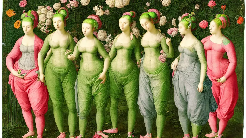 Image similar to portrait of four women with neon green hair buns, wearing modern baggy clothes, standing in a garden full of flowers, intricate details, high detail, in a renaissance style, super-flat, in the style of Jean Auguste Dominique Ingres, James Jean, punk, Asian art,