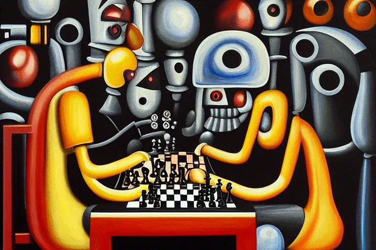 Image similar to portrait of a robot playing chess, highly detailed, painting by otto dix, 8 k