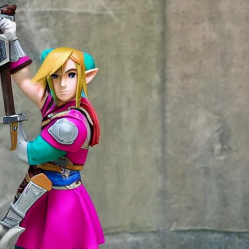 Image similar to Link from the Legend of Zelda: Ocarina of Time wearing a pink dress