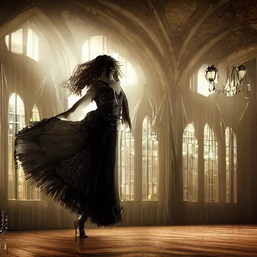 Image similar to digital matte painting of a woman dancing alone in a dark gothic style ballroom, dark dramatic mysterious luis royo, wlop 8 0 mm camera, high detail, hd 8 k