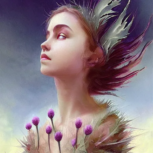 Prompt: a beautiful fairytale painting of a cute thistle seed fairy, a fairy made out of a thistle seed. the thistle seed is her body. dreamy beautiful painting by artgerm and greg rutkowski and magali villanueve