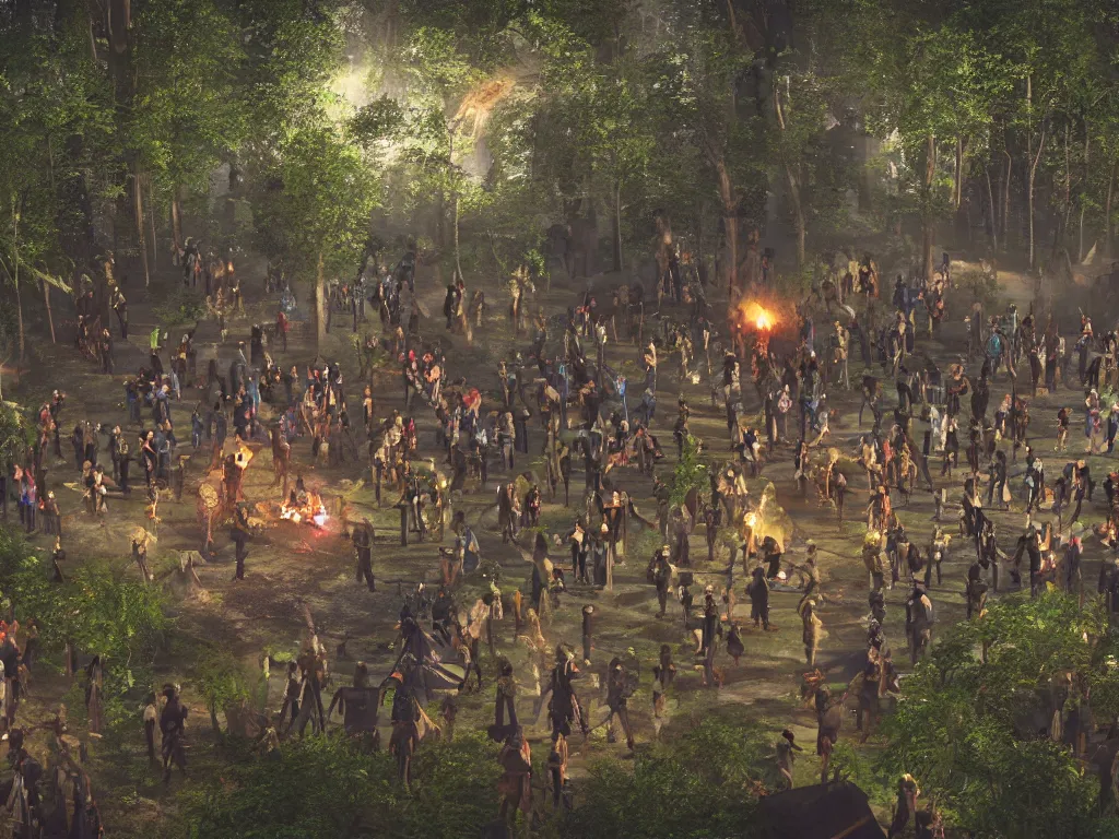 Prompt: a hyper realistic professional 3d render of a mystical cyberpunk tribe gathering at a magical location in the forest lit by fire and intense laser lights extreme wide angle view from dj's point of view