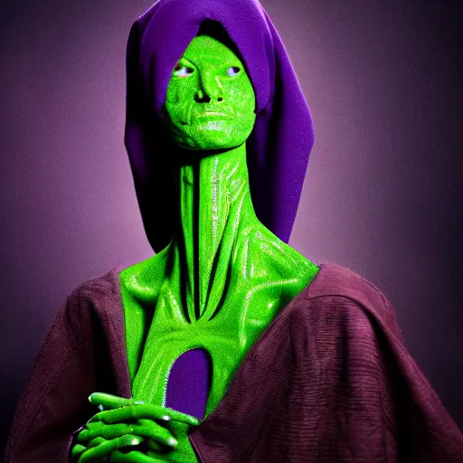 Prompt: 4 k studio portrait photograph of a tall interdimensional mantis extraterrestrial in a purple cloak