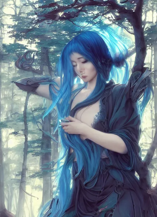 Image similar to stunningly beautiful female blue hair, dj sura face, fantasy art, fae priestess, lush forest landscape, dark light night, sharp focus, digital painting, 8 k, concept art, art by wlop, artgerm, greg rutkowski and alphonse mucha