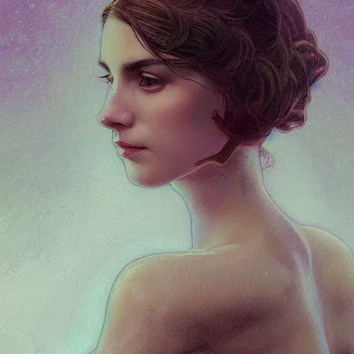 Image similar to symmetry!! portrait of a woman, cottagecore!!, mushroom head!! glowing lights!! intricate, fractal!!, elegant, highly detailed, digital painting, artstation, concept art, smooth, sharp focus, illustration, art by artgerm and greg rutkowski and alphonse mucha