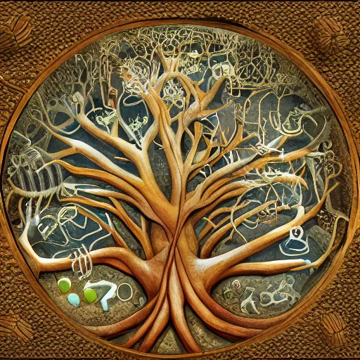 Prompt: The evolutionary tree of life, inside in a glass box, uncropped, 8k, highly detailed, commission, concept art, contest winning masterpiece.