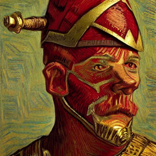 Prompt: Sam Hyde as a Roman warrior wearing gold and red armor, elegant suit, looking at bloody fist, portrait art by Vincent van Gogh, highly detailed, digital painting, concept art, illustration, dim lighting with twilight rays of sunlight, trending on artstation, very detailed, smooth, sharp focus, octane render, close up