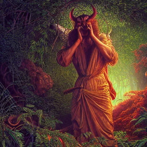 Image similar to Photorealistic devil in the garden of eden in the style of Michael Whelan and Gustave Dore. Hyperdetailed photorealism, 108 megapixels, amazing depth, glowing rich colors, powerful imagery, psychedelic Overtones, 3D finalrender, 3d shading, cinematic lighting, artstation concept art