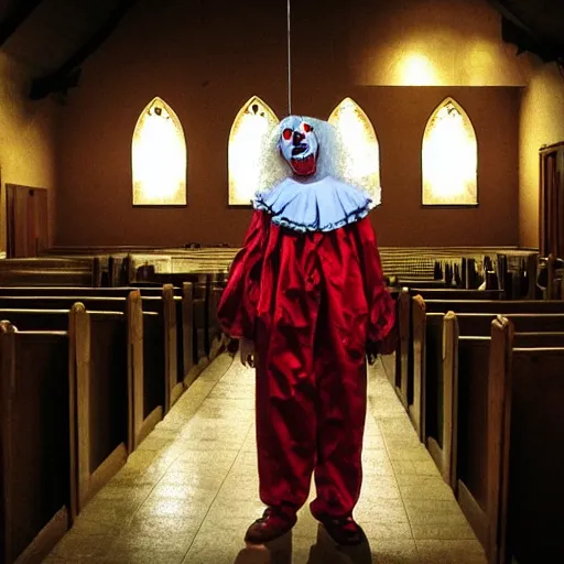 Image similar to Creepy clown attends church at night