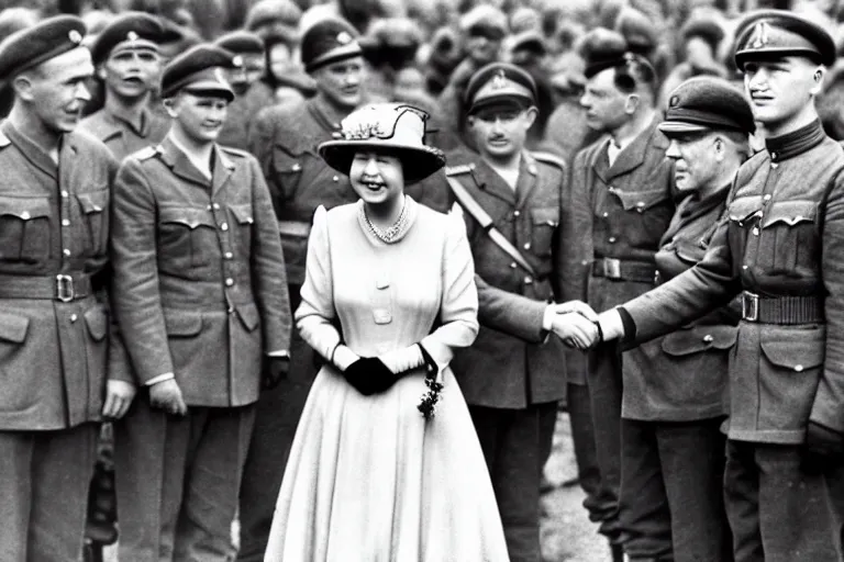 Image similar to ultra wide 1 9 4 6 historical far away photo of young queen elizabeth accepting the surrender of the german army, her corgis are nearby highly detailed