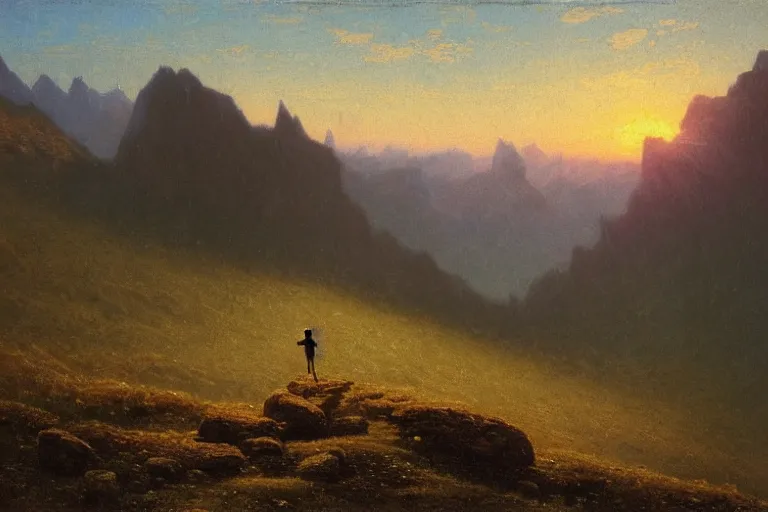 Prompt: a traveler wandering trough the mountains looking at the clouds, hyperdetailed, focused, oil painting, cinematic lighting, albert bierstadt, trending on artstation, colorful, canvas, sunset, centered, hans dahl, theodor kittelsen, hermann hendrich, national geographic, Konstantin Yakovlevich Kryzhitsky, beautiful nature, breathtaking, nordic, coat