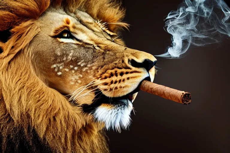 Image similar to a lion smoking cigar, 4k