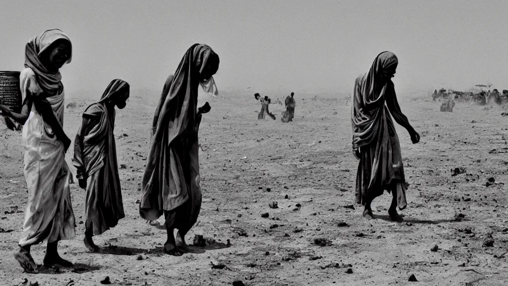 Image similar to 1984 Ethiopian biblical famine and drought, moody, dark, movie scene, hd, 4k, wide shot