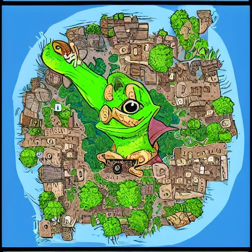 Image similar to a high detailed fantasy village vector art mapview, pepe the frog as a character, rpg village by dungeondraft, dofus, patreon content, hd, straight lines, vector, grid, dnd map, map patreon, fantasy maps, foundry vtt, fantasy grounds, aerial view, dungeondraft, tabletop, inkarnate, dugeondraft, roll 2 0