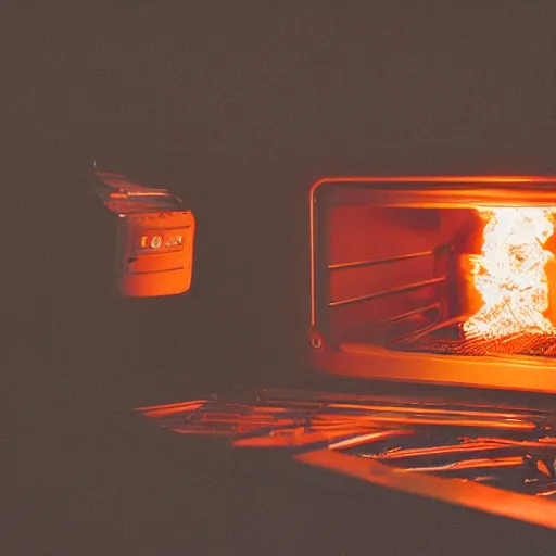 Image similar to head of toaster oven mecha, dark messy smoke - filled cluttered workshop, dark, dramatic lighting, orange tint, cinematic, highly detailed, sci - fi, futuristic, movie still