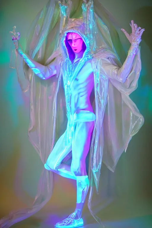 Prompt: full-body rococo and cyberpunk delicate neon crystalline sculpture of ((muscular slender albino prince Nick Jonas con la piroca dura)) as an iridescent humanoid deity wearing a thin see-through ((plastic hooded cloak)) sim roupa (holding a human skull), reclining con (((las piernas abiertas))), glowing pink face, crown of (((white lasers))), large diamonds, swirling black silk fabric. futuristic elements. oozing glowing liquid, full-length view. space robots. intricate artwork by caravaggio. Trending on artstation, octane render, cinematic lighting from the right, hyper realism, octane render, 8k, depth of field, 3D