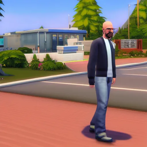 Image similar to videogame screenshot of walter white walking to work in the sims 4, realistic face