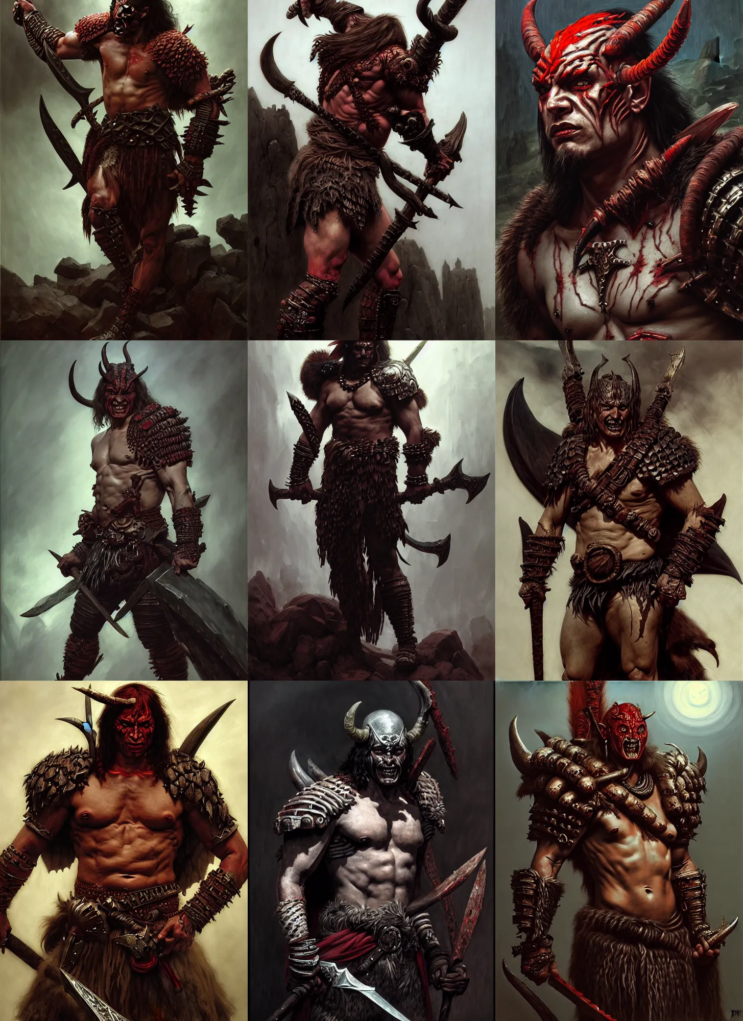 Prompt: barbarian devil man, intricate skin pattern texture, savage, full body, wearing armor, hyper realistic, extremely detailed, dnd character art portrait, dark fantasy art, intricate fantasy painting, dramatic lighting, vivid colors, deviant art, artstation, by edgar maxence and caravaggio and michael whelan and delacroix.