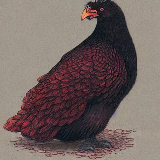 Image similar to a majestic chonky! black chicken with royal 'red!!! comb!!!', colored ultra-detailed pen and ink illustration, matte painting, modern concept art, impossible fine lines and details, divine background, by John Kenn Mortensen