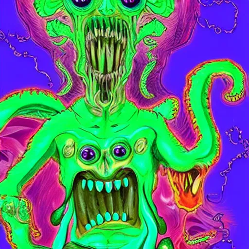 Image similar to horrifying eldritch monster in the style of lisa frank