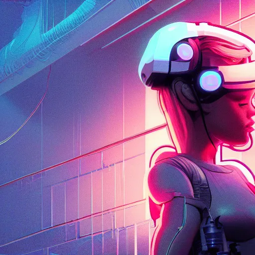 Prompt: Full body shot of a Cute cyborg girl with VR helmet , surrounded by cables , illustrated by Greg Rutkowski and Moebius, 35mm lens, beautiful macro close-up imagery, vibrantly lush neon lighting, beautiful volumetric-lighting-style atmosphere, a dark future atmosphere, intricate, ultra detailed, photorealistic imagery, trending on artstation, 4k, 8k