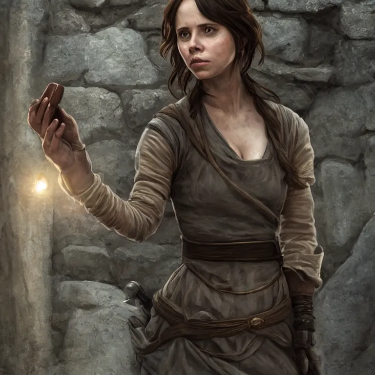 Image similar to portrait of jyn erso as a beautiful medieval wench in a stone courtyard holding a modern telephone, confident pose, coherent, insane detail, concept art, character concept, cinematic lighting, global illumination radiating a glowing aura