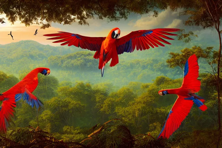 Image similar to gorgeous scarlet macaws flying at beautiful sunset in the distance through the forest, jungle mountains in the background, highly detailed, trending on art station, very detailed birds, art by greg rutkowksi