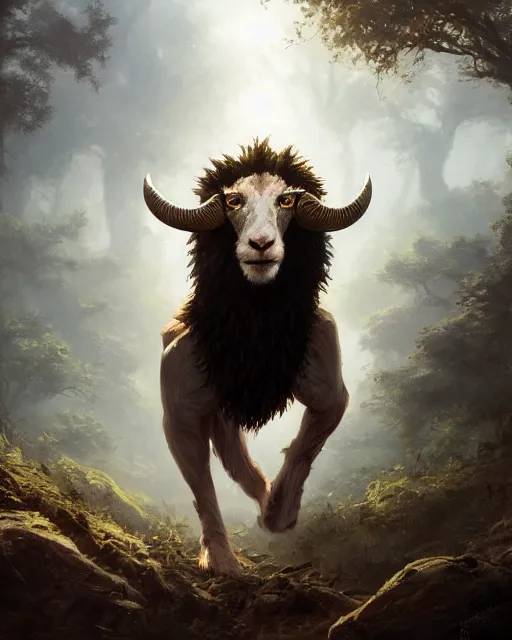 Prompt: oil painting of a goat snake lion hybrid, sharp focus, heroic pose, fantasy style, octane render, volumetric lighting, 8k high definition, by greg rutkowski, highly detailed, trending on art Station, magic the gathering artwork, Woodland background, centered