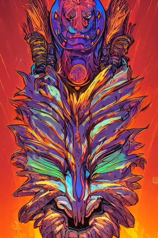 Image similar to totem animal tribal chaman vodoo mask feather gemstone plant wood rock video game illustration vivid color borderlands by josan gonzales and dan mumford radiating a glowing aura