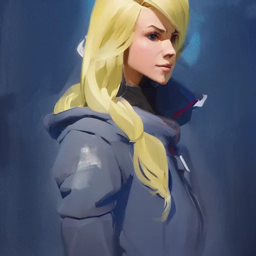 Image similar to greg manchess portrait of a beautiful girl with blonde hair, wearing a blue hoodie, as an overwatch character, medium shot, asymmetrical, cinematic lighting, sharp shadows, profile picture, organic painting, matte painting, bold shapes, hard edges, street art, trending on artstation, by huang guangjian and gil elvgren and sachin teng