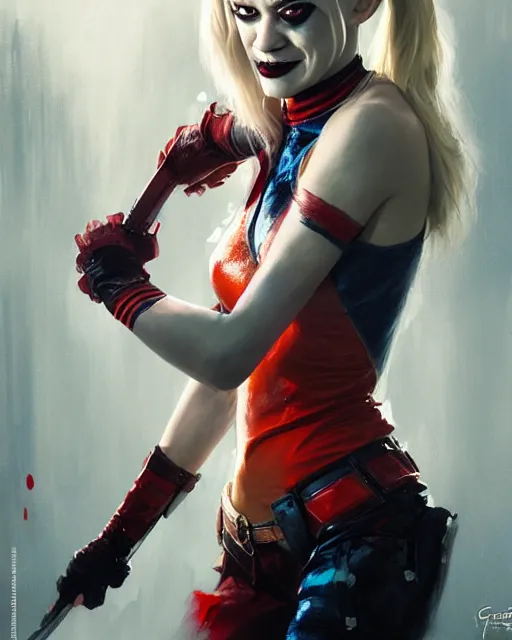 Image similar to portrait of yvonne strahovski as harley quinn, fantasy character portrait, ultra realistic, concept art, intricate details, highly detailed by greg rutkowski, gaston bussiere, craig mullins, simon bisley