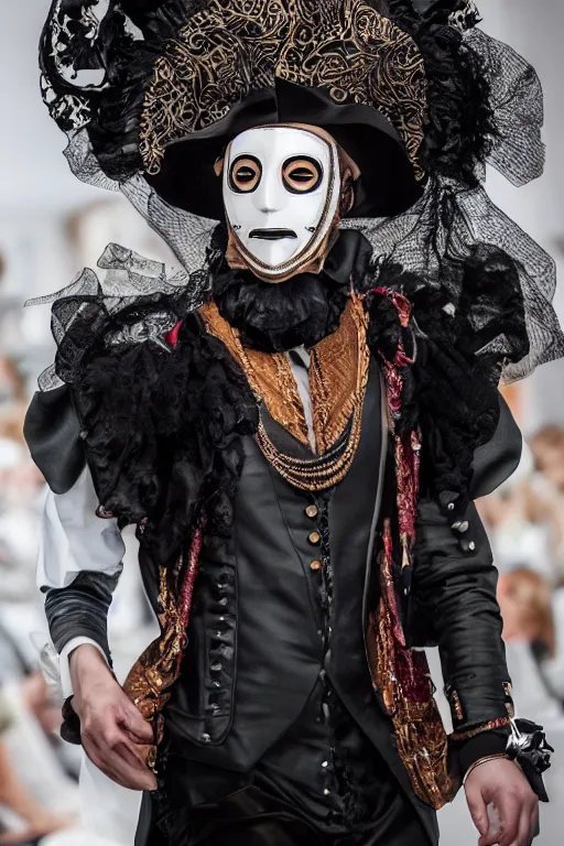 Image similar to portrait of a 2 1 st century fashion show featuring men's wear based in 1 7 5 0's england, fashion photography, elaborate lights. mask on face, accurate details, ultra hd, beautiful background