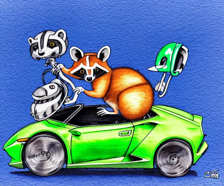 Image similar to cute and funny, racoon wearing a helmet riding in a tiny 2 0 2 0 lamborghini huracan sto, ratfink style by ed roth, centered award winning watercolor pen illustration, isometric illustration by chihiro iwasaki, edited by range murata