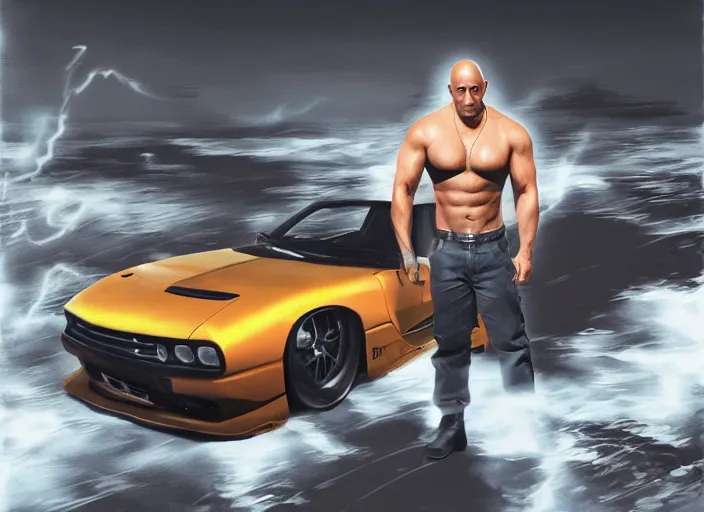 Prompt: landscape, long shot of vin diesel as saitama!!! throwing a car, hyperrealism, trending on artstation