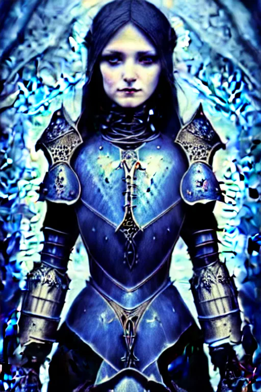 Image similar to beautiful luxury and gothic and victorian and evil medieval female blue & white color armor knight portrait+smoky eyes+light flowing hair, in ruin gothic cathedral, ultradetail face, art and illustration by tian zi and craig mullins and WLOP and alphonse mucha, fantasy, intricate complexity, human structure, fantasy world concept, watermark, blurry, hyperrealism 8k