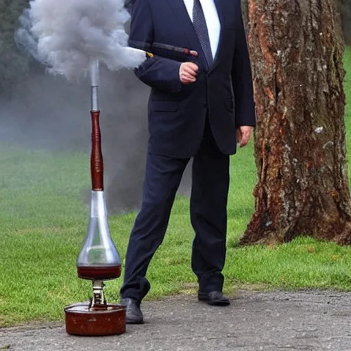 Image similar to vladimir putin smoking a bong and exhaling a large smoke cloud, candid photography