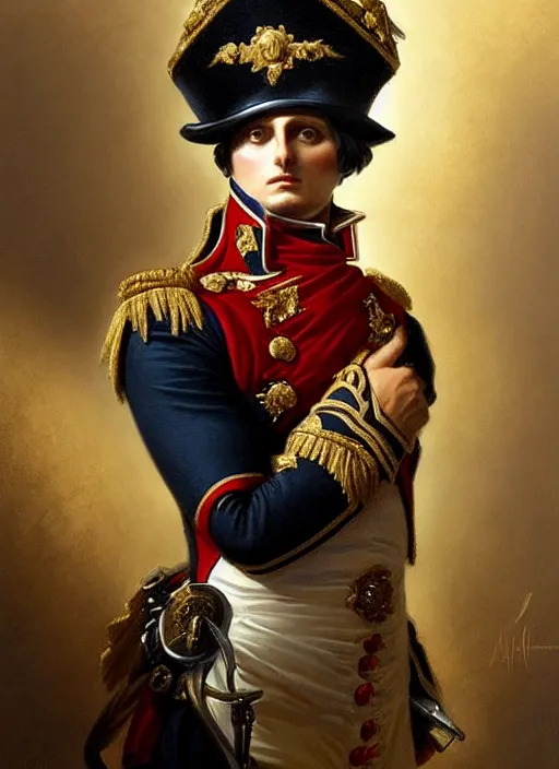 Image similar to portrait of napoleon bonaparte, royalty, extravagant, lord, full body, military uniform, fantasy, intricate, elegant, beautiful, highly detailed, charcoal, centered, dark, smokey, digital painting, artstation, concept art, art by artgerm and greg rutkowski and alphonse mucha